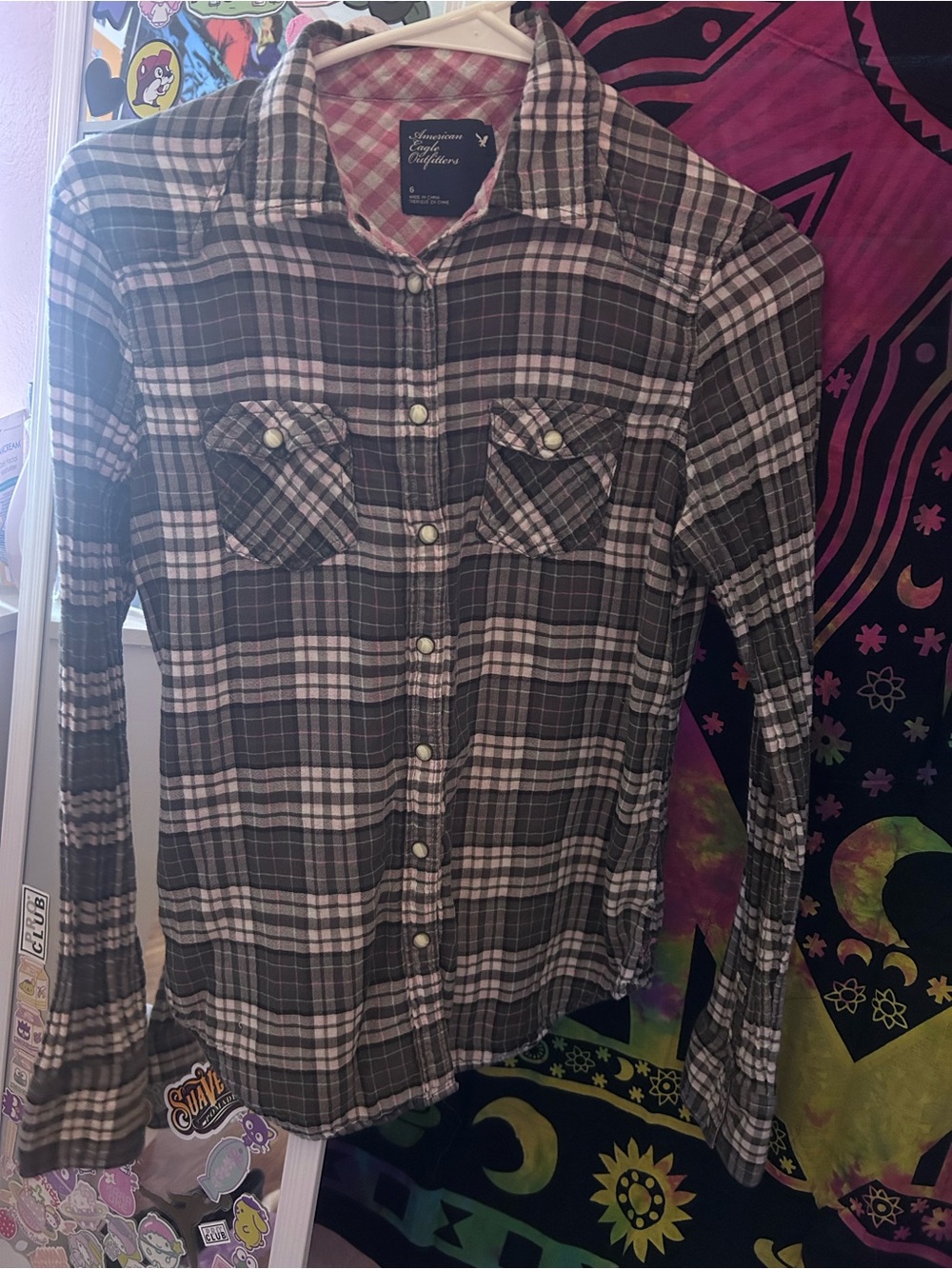 American Eagle Outfitters Gray, Pink & Teal Plaid Button-Down Shirt
